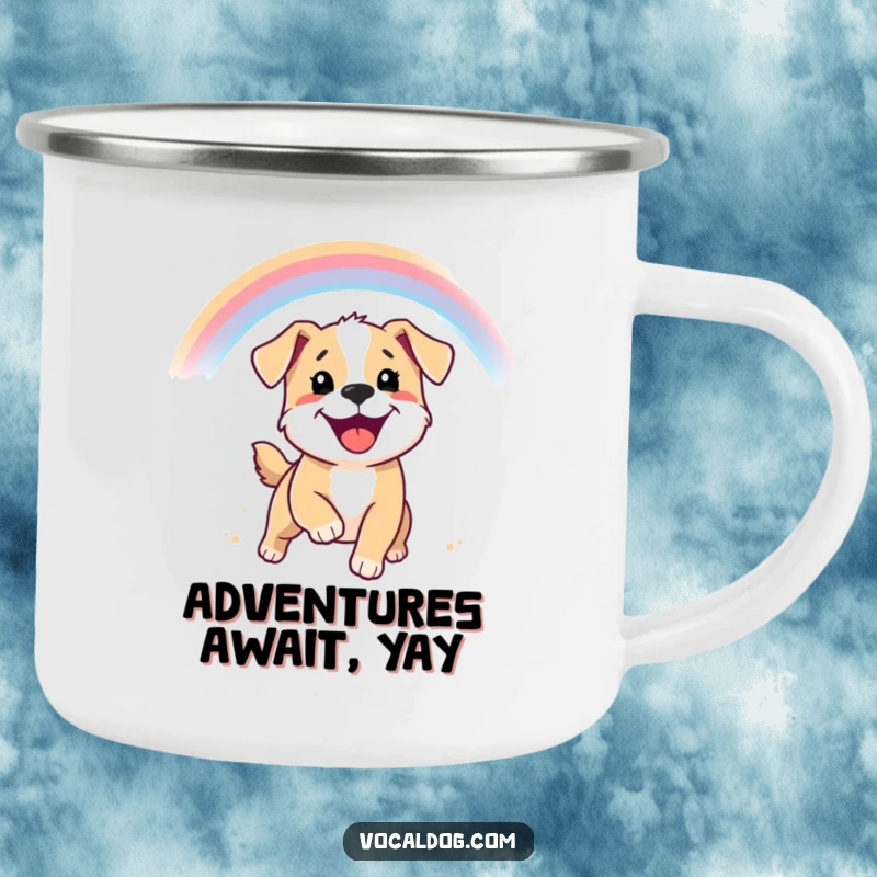Funny camping mug with a smiling puppy chasing a rainbow, symbolizing outdoor joy and adventure.