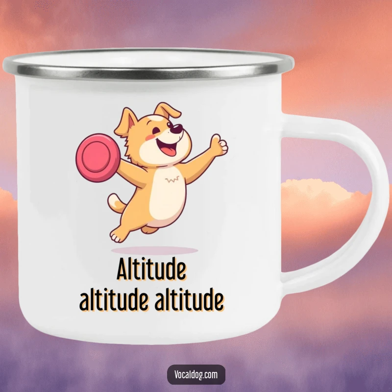 Funny camping mug showcasing a dog joyfully leaping to catch a frisbee, perfect for outdoor enthusiasts who love canine companions and adventure.