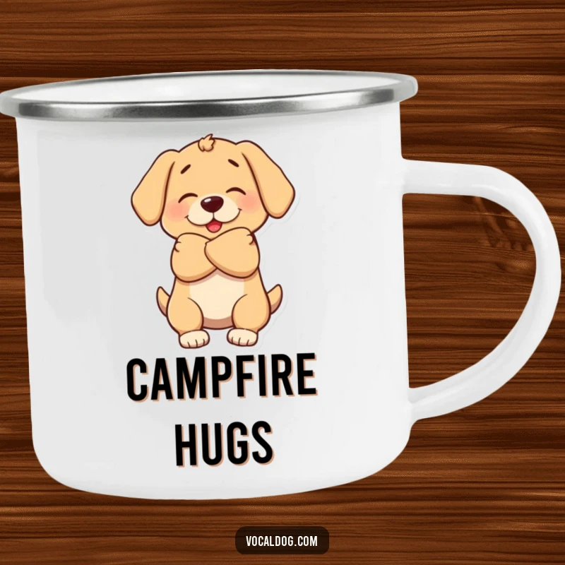 Funny camping mug showcasing a dog character giving a big, warm hug, symbolizing love and companionship.