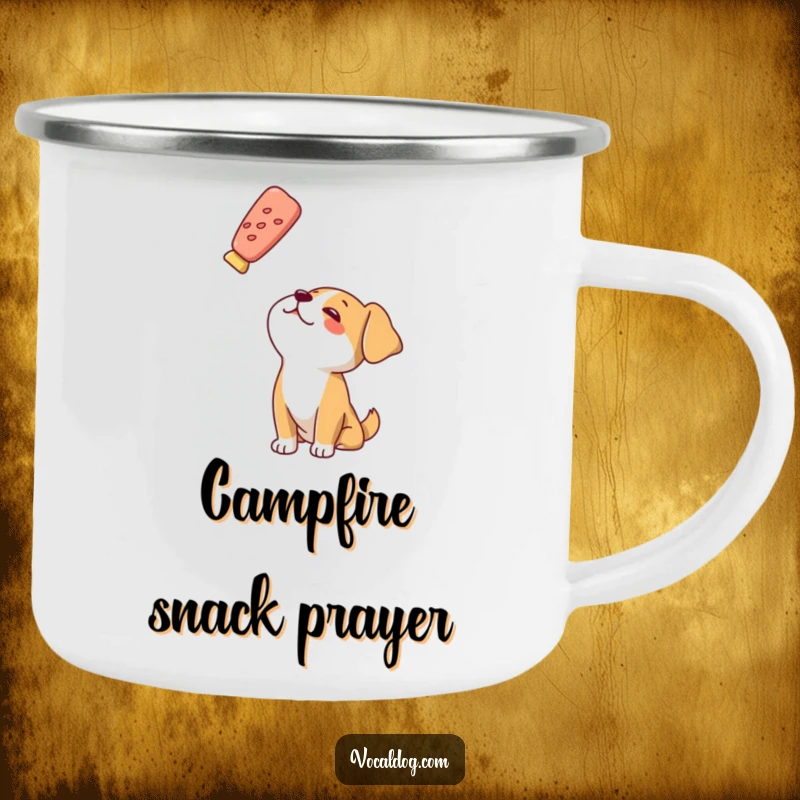 Funny camping mug depicting a dog character’s devoted, upward gaze at a floating treat, ideal for adventure.