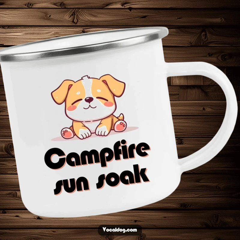 Funny Camping Mug: A rugged mug showcasing a dog peacefully sunbathing with eyes closed, perfect for outdoor relaxation and dog lovers.