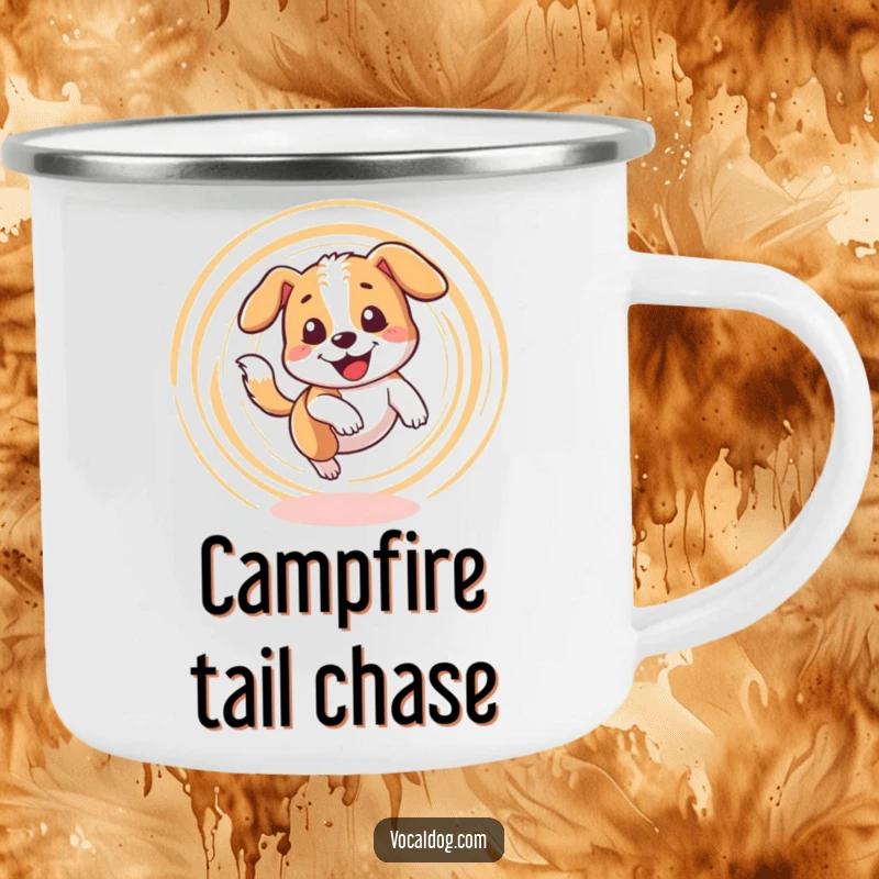 Funny camping mug showing a dog happily spinning in a circle while chasing its tail, ideal for outdoor fun.