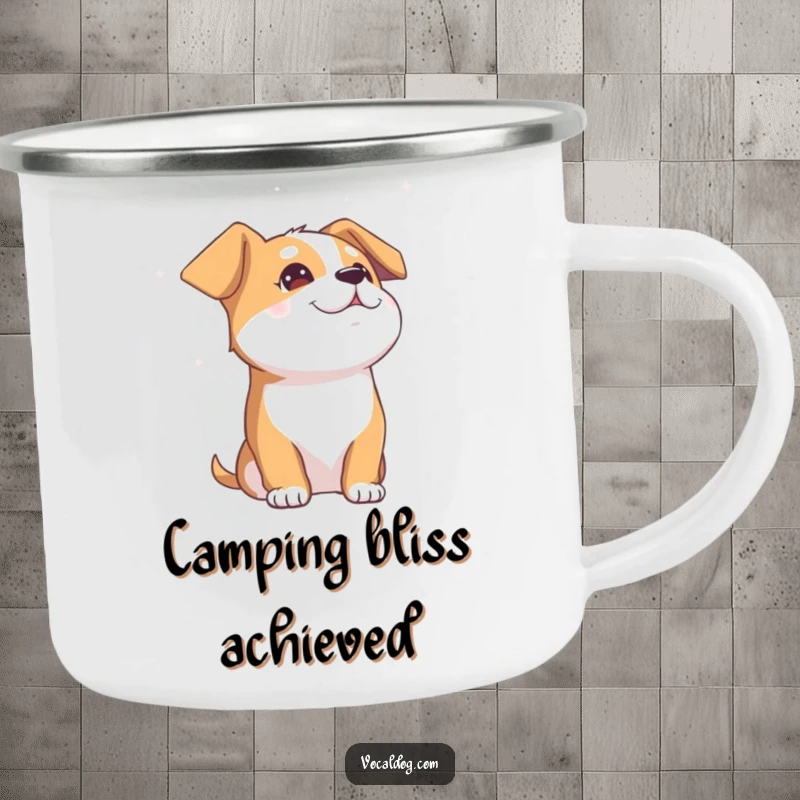 Funny Dog Camping Mug: A durable enamel mug showing a dog with eyes closed, looking blissfully at the sky, perfect for outdoor relaxation.