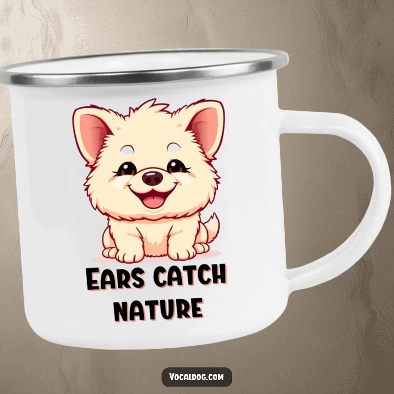 Funny fluffy dog camping mug, a dog with huge ears and a wide, happy smile, perfect for cheerful outdoor sips and adventures.