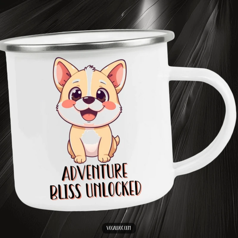 Funny camping mug with a happy dog character, wide delighted gaze, embodying pure bliss and outdoor adventure.