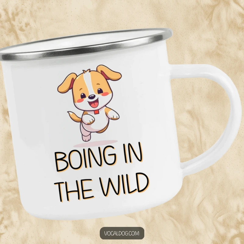 Funny Camping Mug: A rugged mug showcasing a dog joyfully bouncing with complete abandon, perfect for outdoor enthusiasts and dog lovers.