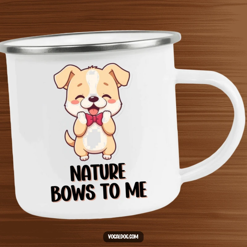 Funny Camping Mug featuring a dog character in a polite bow, perfect for outdoor enjoyment.