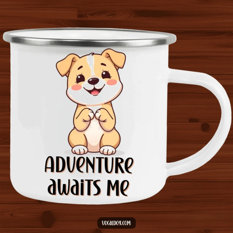 Funny camping mug with a happy dog sitting upright with paws together, perfect for enjoying drinks outdoors while thinking of furry friends.