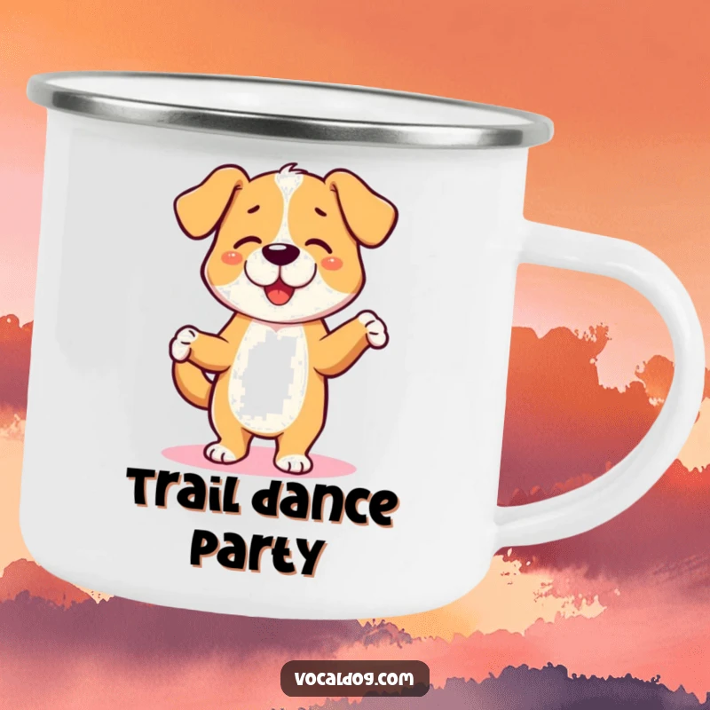 Funny camping mug with a dog character dancing a jig, perfect for cheerful outdoor moments. A fun funny gift.