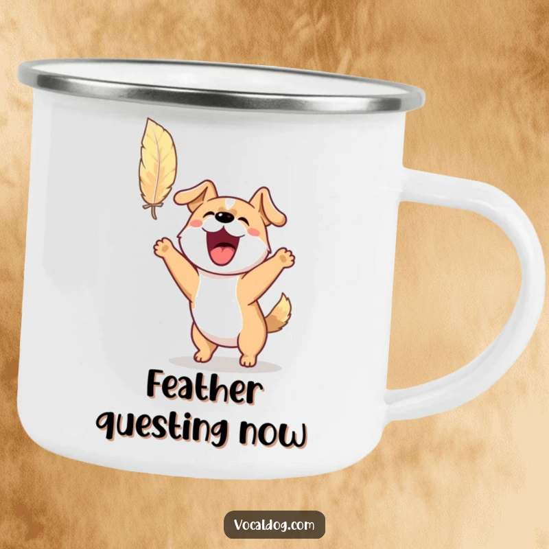 Funny camping mug featuring an excited dog barking and jumping for a floating feather, perfect for outdoor fun and play.