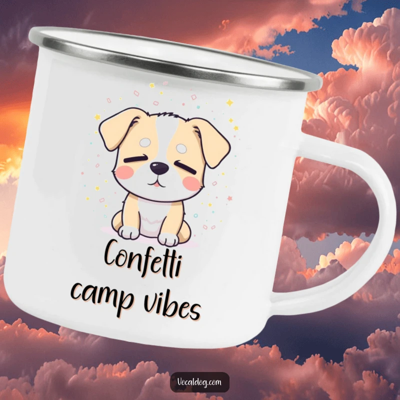 Funny camping mug showing a dog with closed eyes, basking in a shower of sparkling confetti, perfect for adventurers.