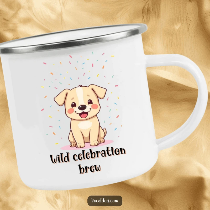 Funny dog confetti camping mug with a delighted dog amidst a colorful shower of confetti, perfect for enjoying drinks outdoors with humor. Great funny gift.