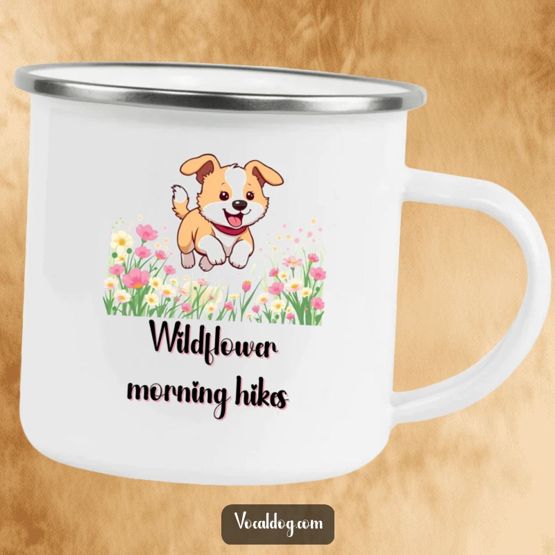 Funny camping mug showcasing a dog joyfully bounding through a field brimming with flowers, perfect for outdoor enthusiasts.