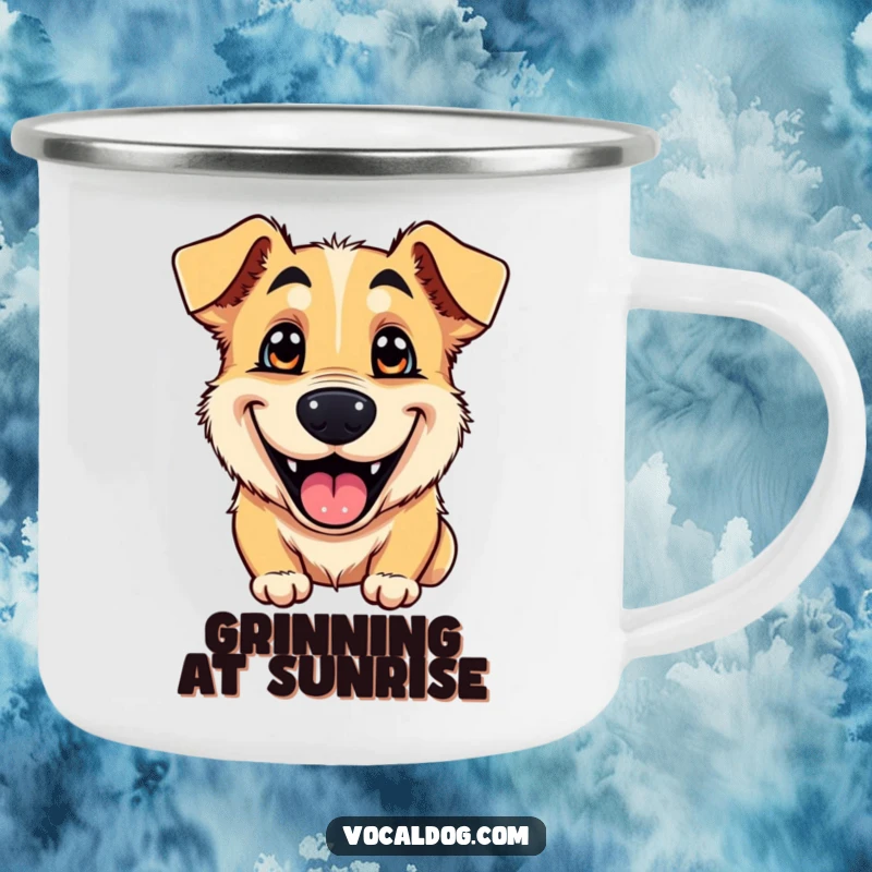 Funny camping mug showcasing a dog’s joyful, goofy grin and shiny eyes, perfect for outdoor enthusiasts and coffee lovers.