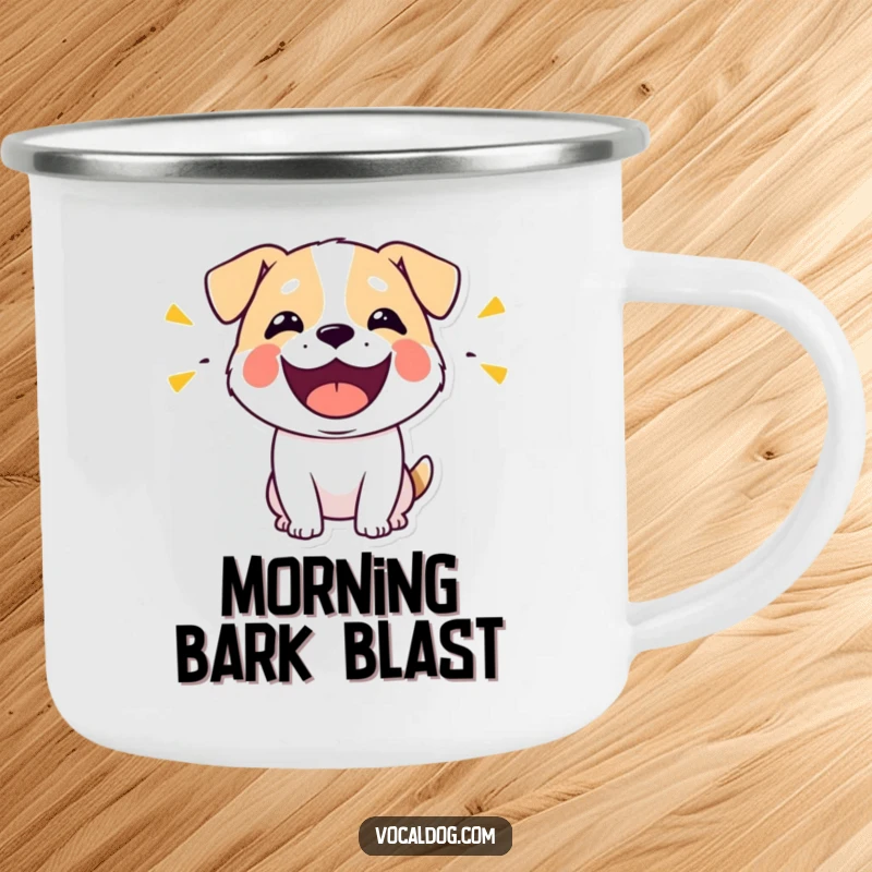 Funny camping mug featuring a stylized dog character emitting visible, happy sounds with its mouth wide open, perfect for outdoor adventures.