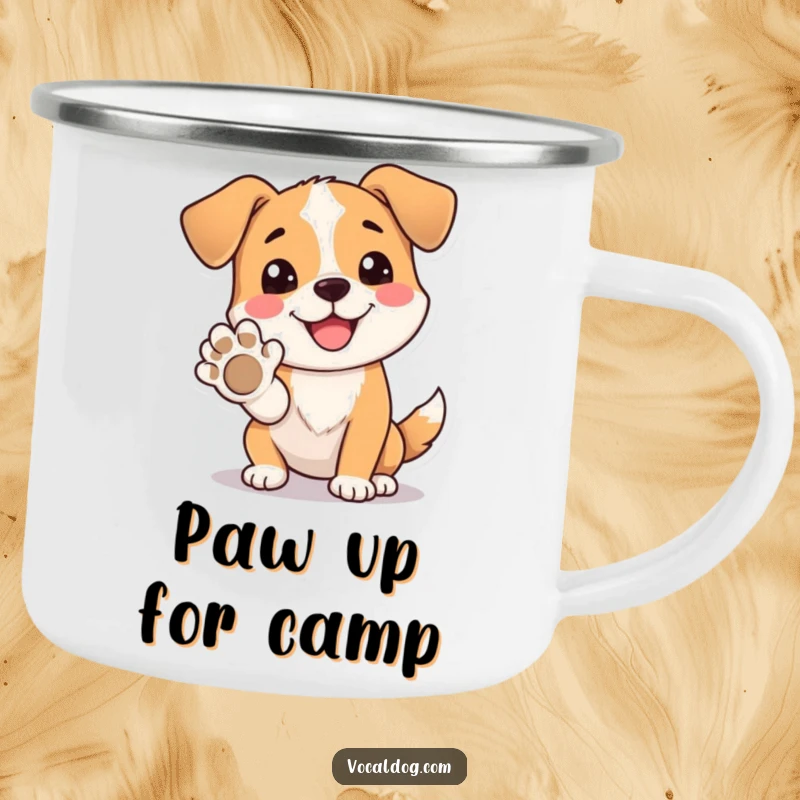 Funny Camping Mug with a dog beaming happily while offering its paw, ideal for outdoor enthusiasts.