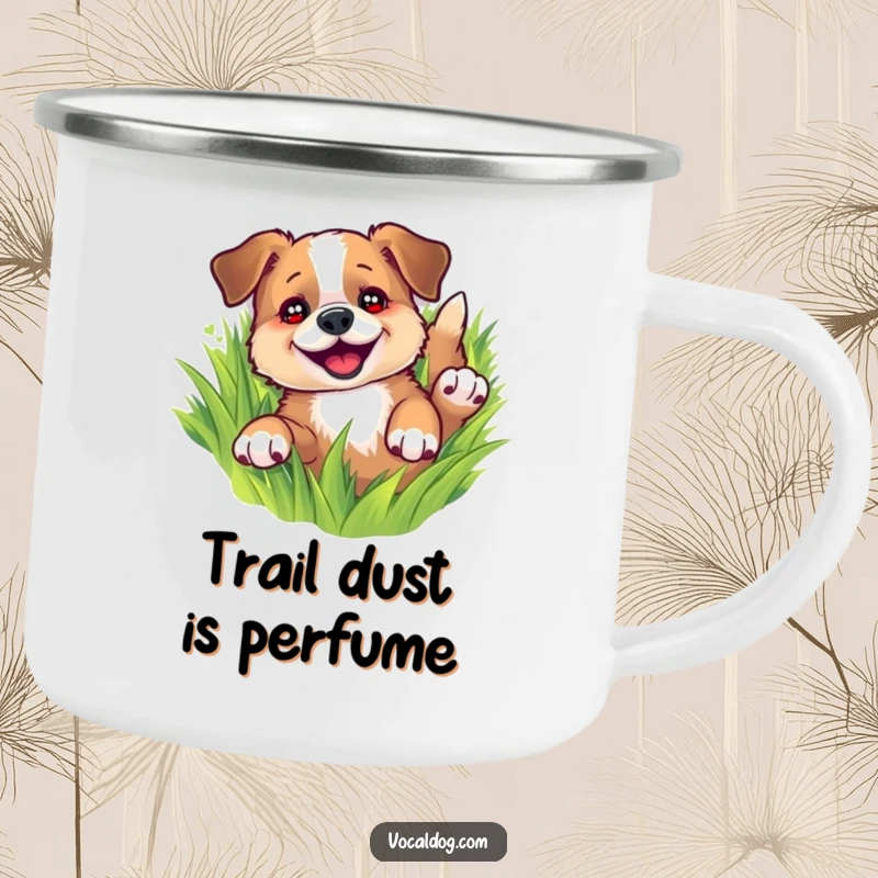 Funny camping mug depicting a dog joyfully rolling in green grass, eyes sparkling, perfect for outdoor fun and dog lovers, durable drinkware.
