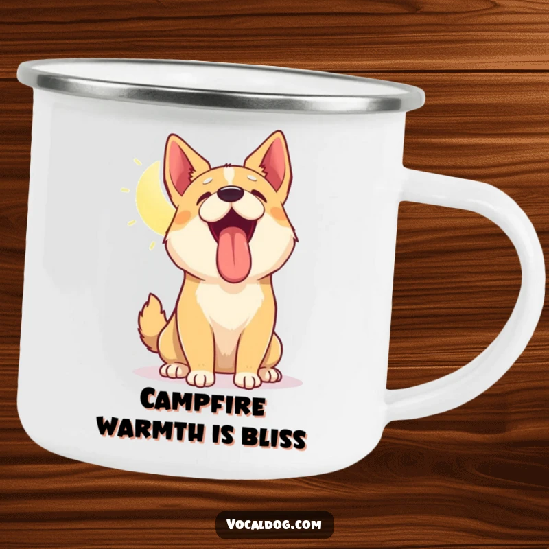 Funny camping mug depicting a dog with head tilted up, panting happily in the sun, perfect for outdoor warmth and dog lovers, durable drinkware.