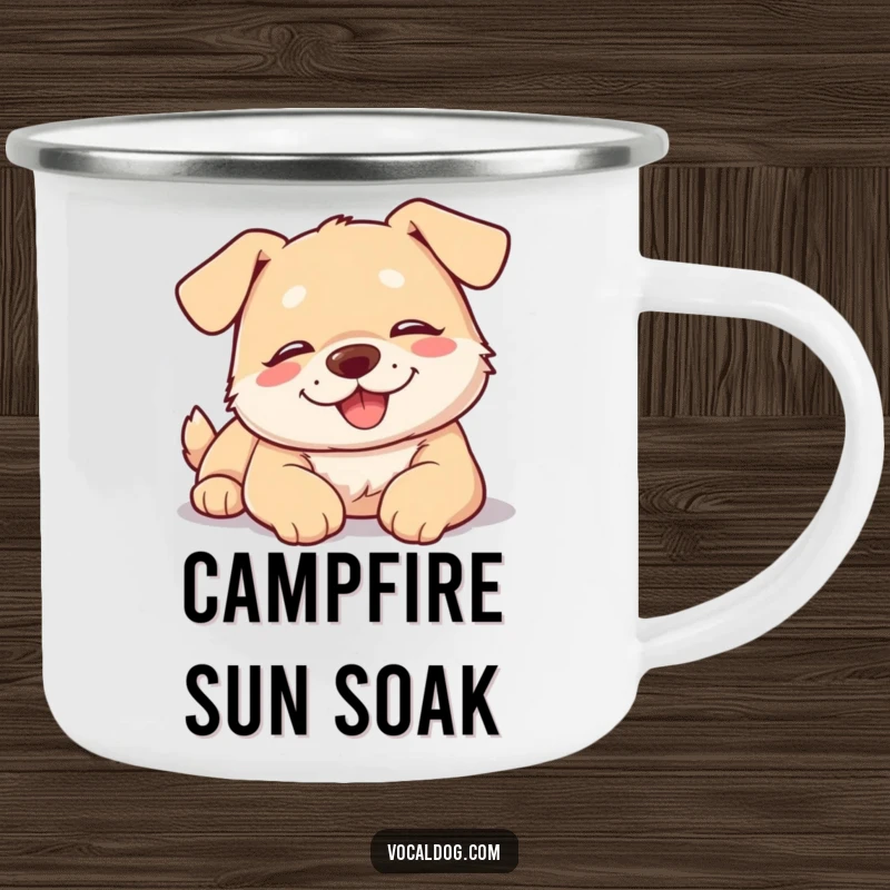 Funny dog camping mug with a happy, relaxed dog lightly sunbathing, embodying outdoor peace.