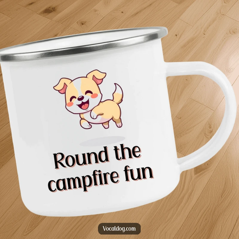 Funny camping mug depicting a dog playfully chasing its tail in a delighted circle, perfect for outdoor fun and dog lovers, durable drinkware.
