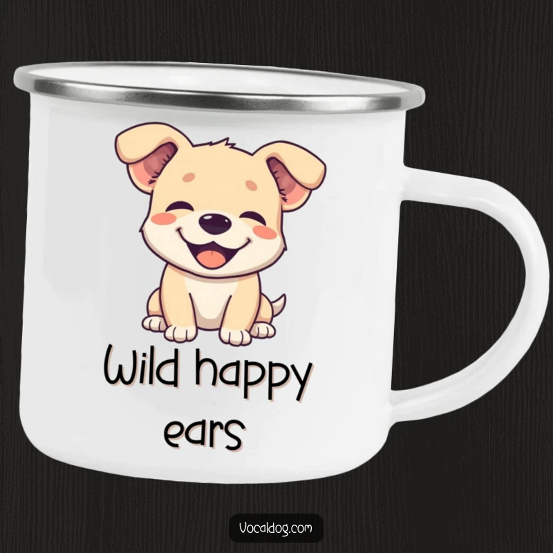 Funny camping mug showcasing a happy dog with its ears comically flopped back, conveying pure contentment.