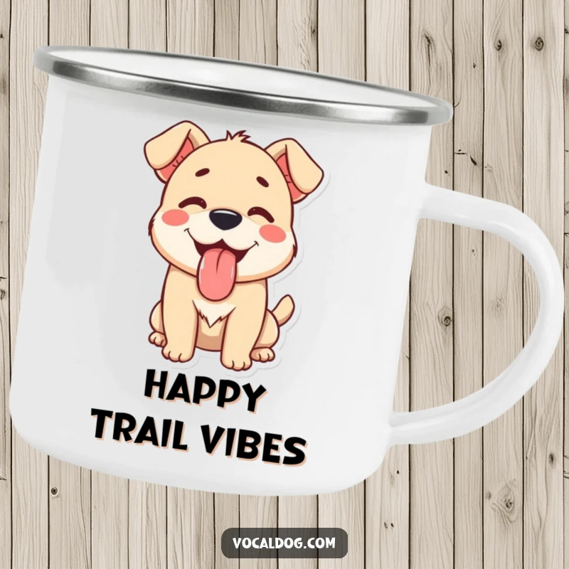 A happy dog character with its tongue lolling out in utter contentment, ideal for a humorous camping mug for outdoor trips.