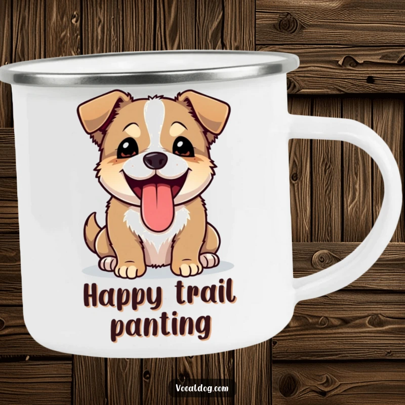 Funny camping mug with a happy dog panting with its tongue lolling out, symbolizing outdoor joy and adventure.
