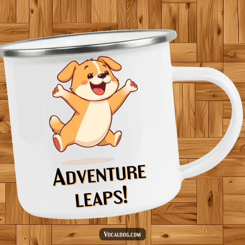 Funny camping mug showcasing a happy dog character caught in an energetic, joyful leap, perfect for outdoor fun.