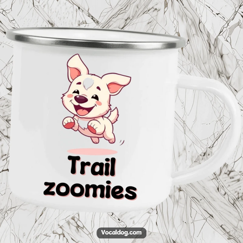 Funny Camping Mug featuring a dog joyfully running with ears flapping in the wind, perfect for outdoor enjoyment.