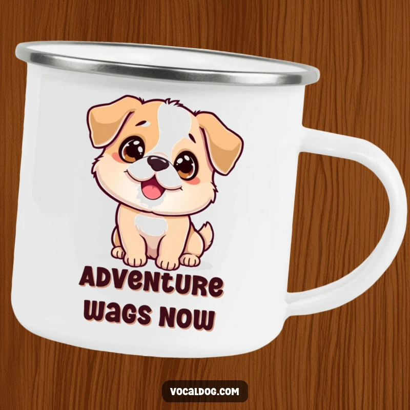 Funny sparkling dog camping mug with a delightful dog whose eyes sparkle and body wags, perfect for outdoor enjoyment. Great funny gift.
