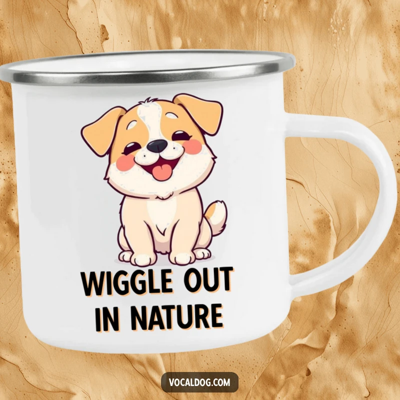 Funny Camping Mug featuring a dog wiggling its entire body with overwhelming happiness, perfect for outdoor enthusiasts who love humor.