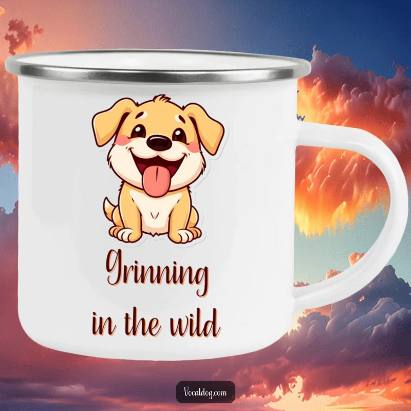 Funny Camping Mug featuring a dog character with a wide grin and tongue out, perfect for outdoor enjoyment.