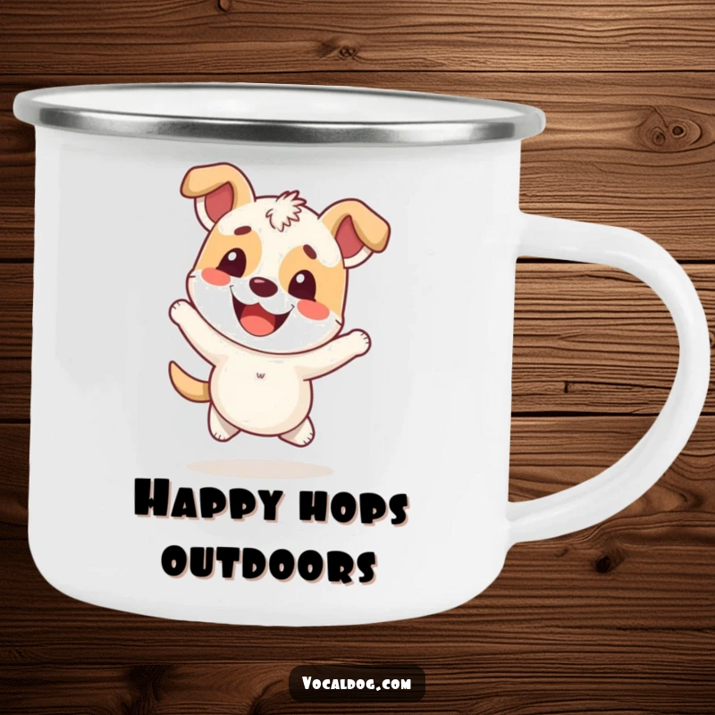 Funny Camping Mug of a happy dog character hopping with an overwhelmingly cheerful expression, ready for adventure.