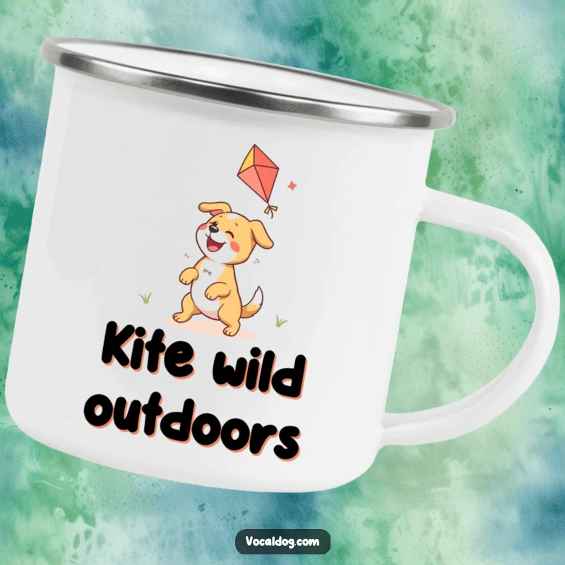 Funny camping mug depicting a dog character ecstatically playing with a colorful kite, ideal for outdoor fun.