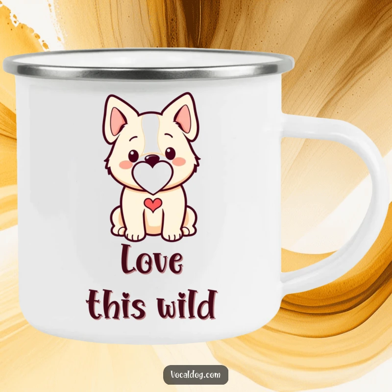 Funny dog camping mug with a stylized outline and integrated heart, perfect for outdoor adventures and dog lovers.