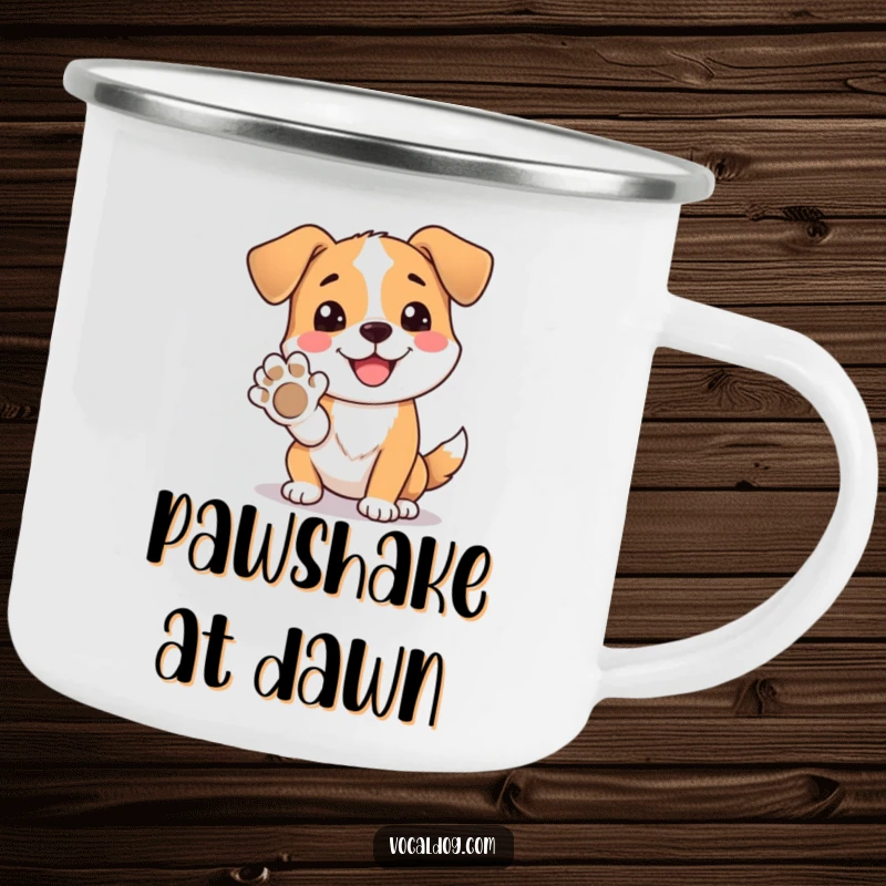 Funny camping mug depicting a dog character offering its paw with a happy expression, ideal for outdoor fun.