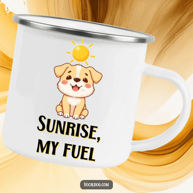 Funny Camping Mug: A happy dog with a bright sunshine halo, perfect for outdoor adventures and spreading cheer.