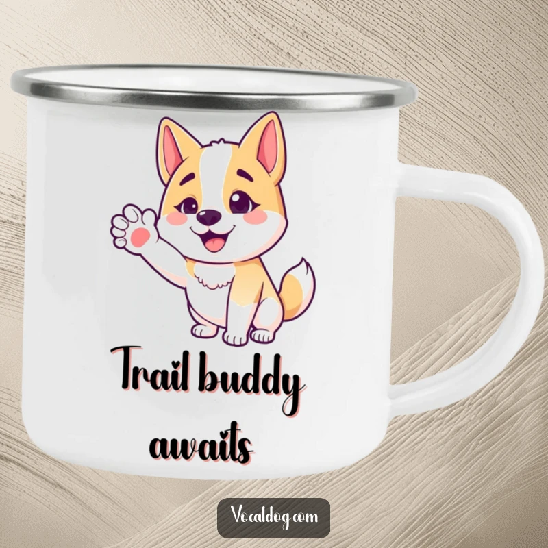 Funny camping mug with a happy dog character offering an outstretched paw, symbolizing a friendly welcome in the outdoors.