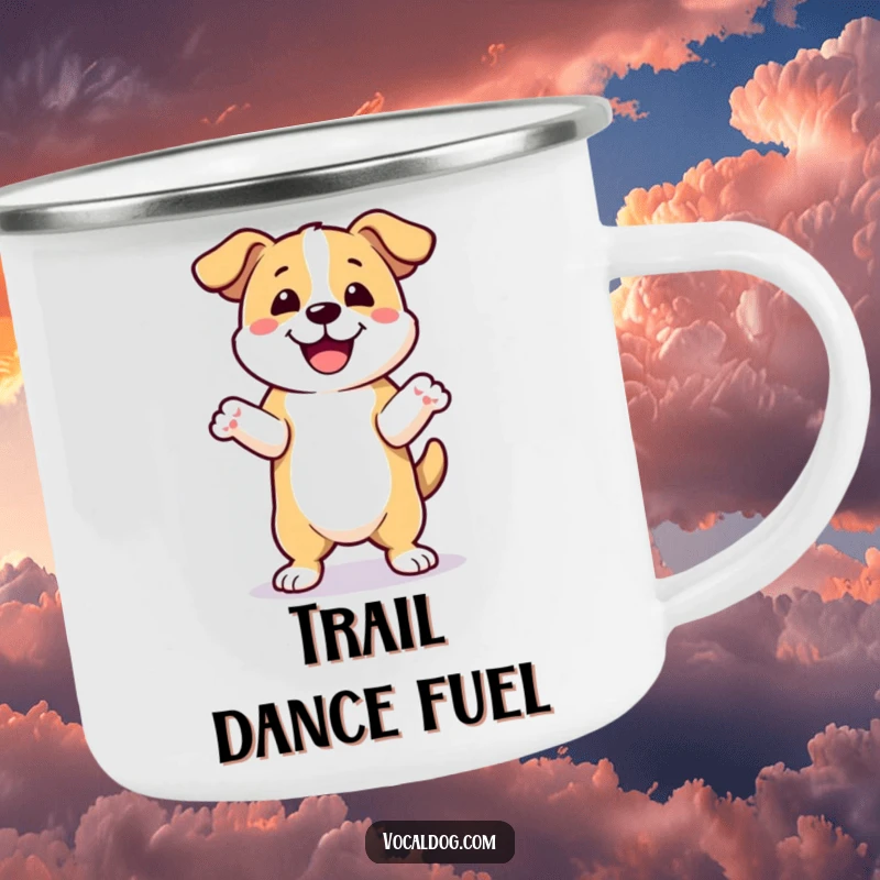 Funny happy dance dog camping mug with a dog joyfully dancing with front paws up, perfect for outdoor enjoyment. Great funny gift.