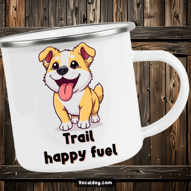 Funny dog camping mug depicting an ecstatic dog with its tongue out, ready for any outdoor escapade.