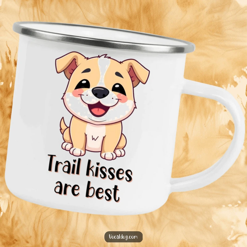 Funny camping mug depicting a dog giving a friendly slobbery kiss with a charming smile, perfect for outdoor fun and dog lovers, durable drinkware.