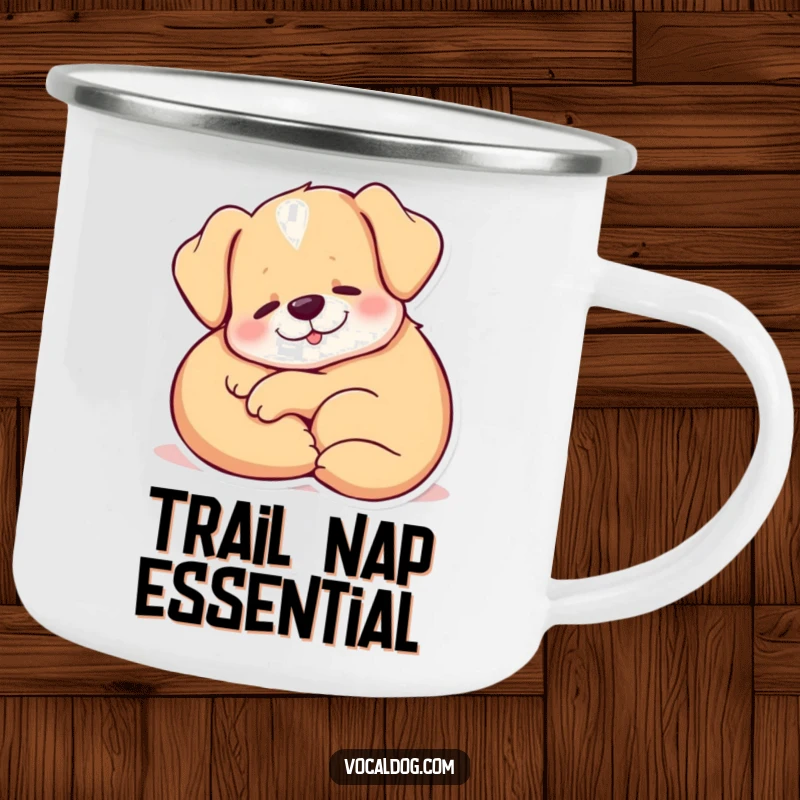 Funny Camping Mug showing a dog curled up comfortably, letting out a blissful, content sigh in the great outdoors.