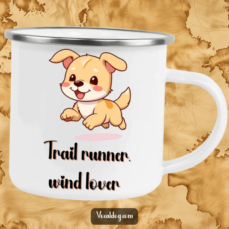Funny Camping Mug of a dog character running with ears flapping joyfully, ready for any outdoor escapade.