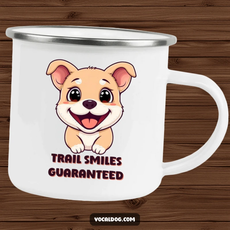 Funny Camping Mug showcasing a happy dog with sparkling eyes and a broad grin, perfect for outdoor use.