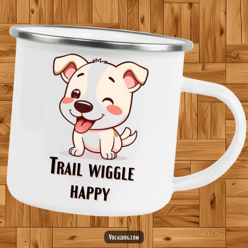Funny Camping Mug with a dog doing a happy wiggle, ideal for outdoor enthusiasts who love dogs.