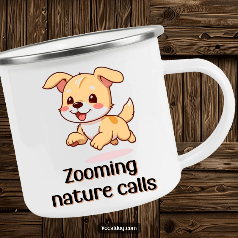 Funny camping mug depicting a dog character running with ears flapping joyfully in the wind, ideal for outdoor fun.