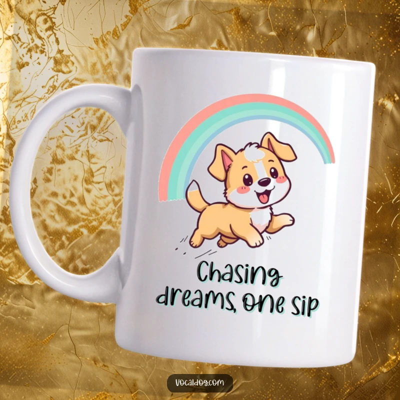 Funny mug showcasing an energetic dog character joyfully chasing a vibrant rainbow arc with boundless optimism and determination.