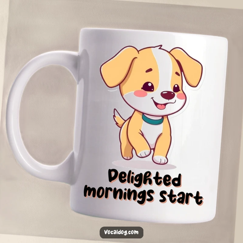 Funny mug depicting a dog with charming floppy ears prancing joyfully, radiating pure delight and happiness.