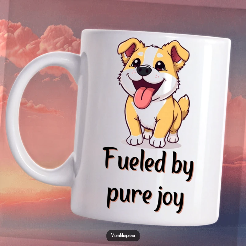 Funny dog mug with a happy dog sticking its tongue out, looking ecstatic after a great run.
