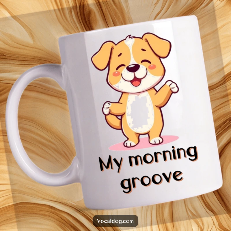 Funny mug showing a happy dog character enthusiastically dancing a jig with its paws. A joyful funny gift.